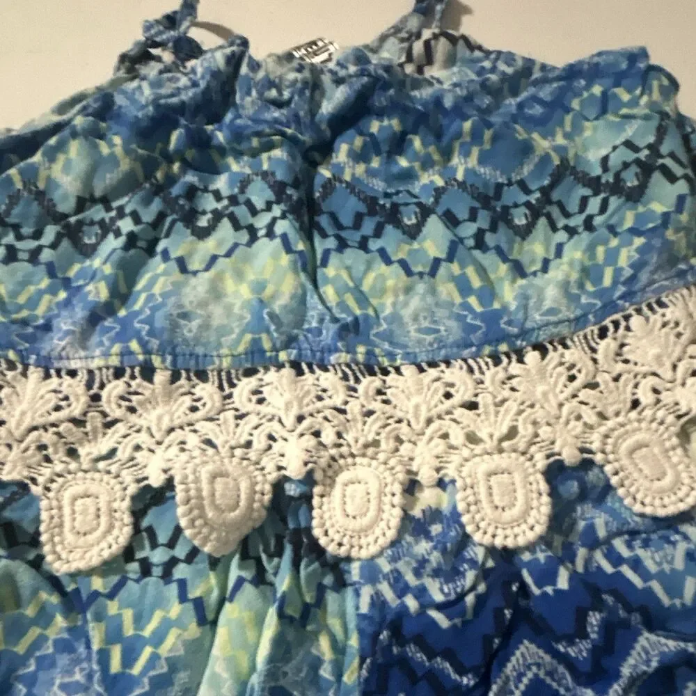 BEAU TEES Girls Size 12 Blue Geometric Sleeveless Romper w/ Lace Trim